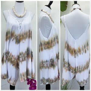 Kau wela Summer Mini Romper Beach Boho Romper Gypsy Overall Wide Leg White